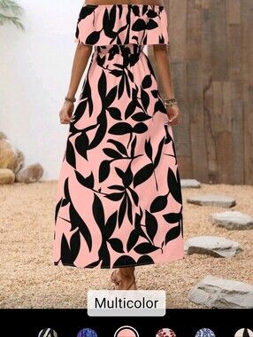 Off-Shoulder Pink Maxi Dress with Black Leaf Print